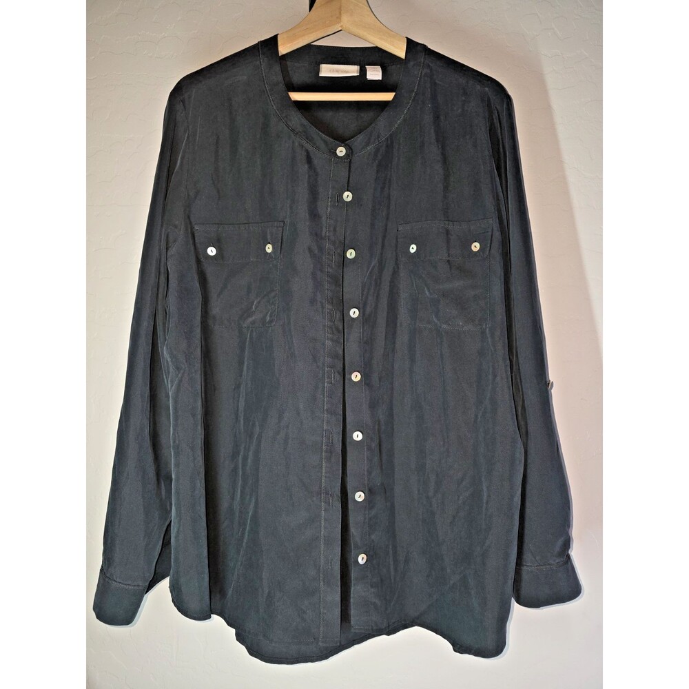 Womens Black Chicos Blouse Top Long Roll Tab Sleeve Button Up Size 3
